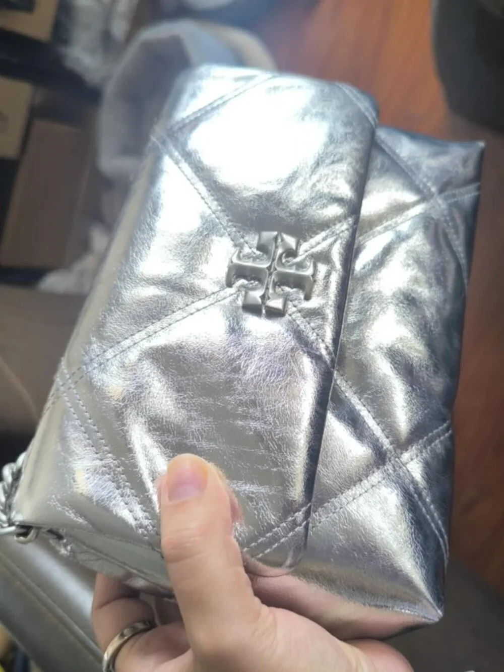 TORY BURCH Small Kira Diamond Quilt Metallic Leather Convertible Shoulder Bag